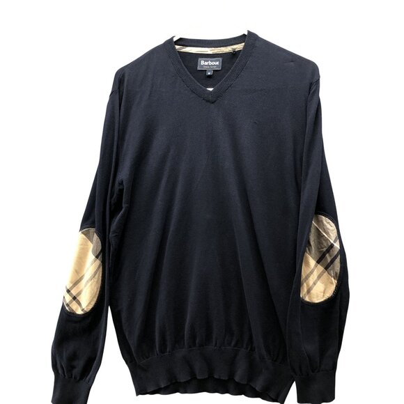 Barbour V-Neck Sweater Mens M Elbow Patch Cotton Navy Blue Lightweight Tartan